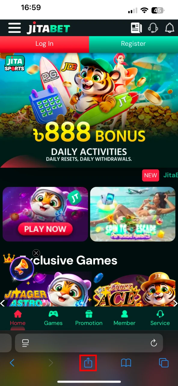 Use the share button to download the Jitabet app on iOS.