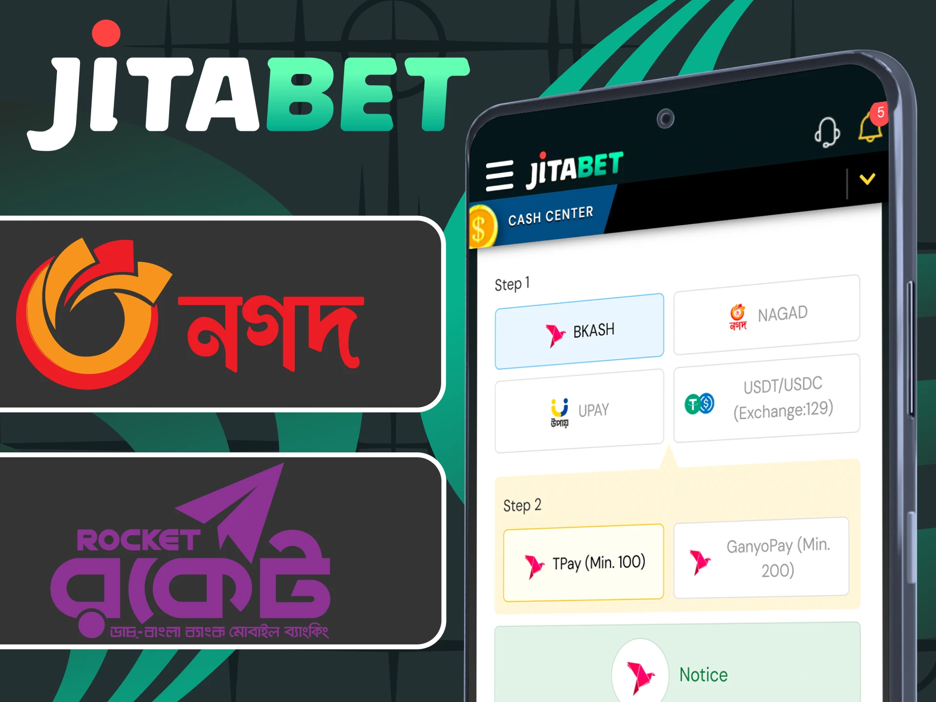 The Jitabet app offers a variety of payment methods.