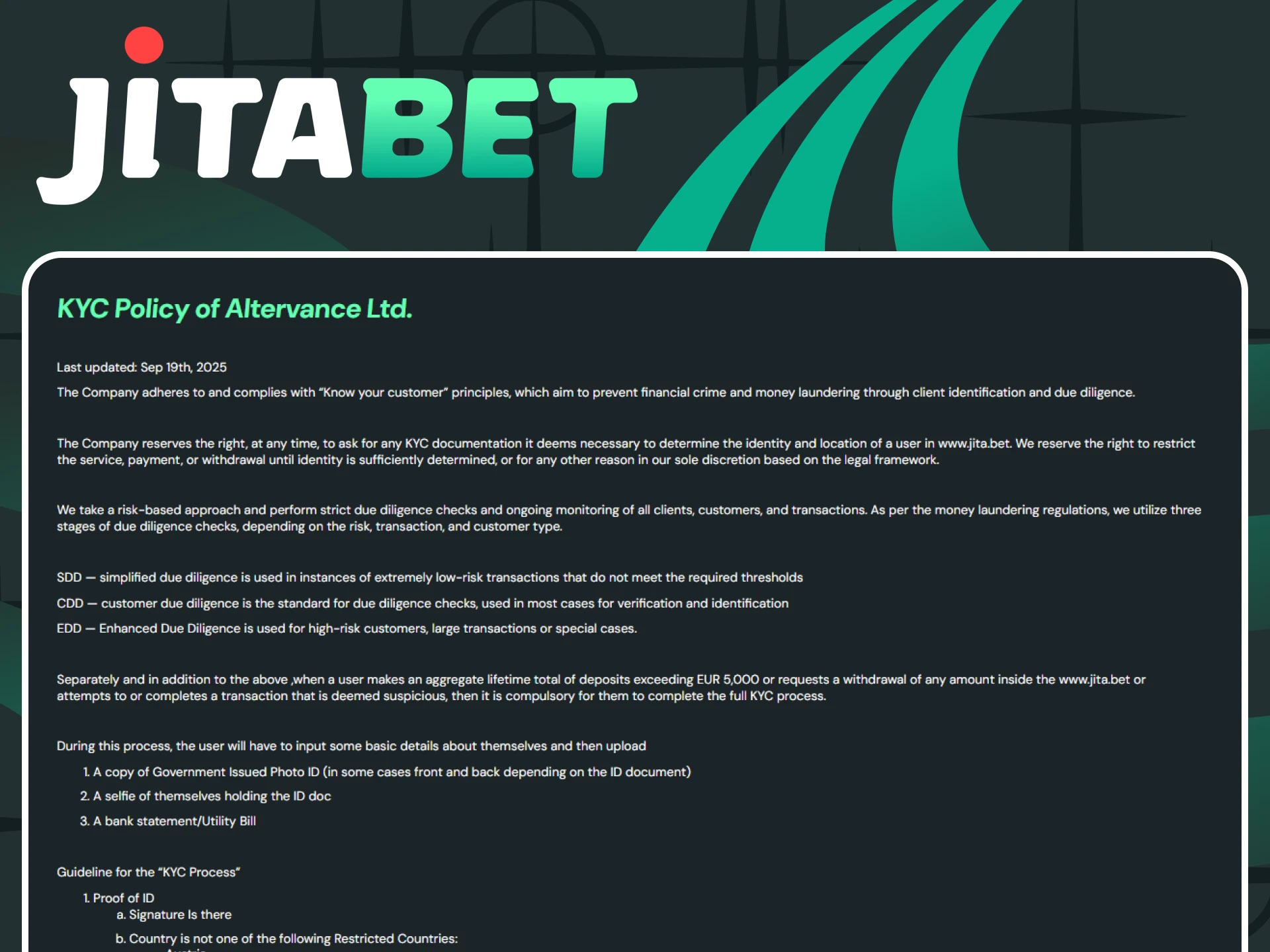 Jitabet requires documents to complete transactions.