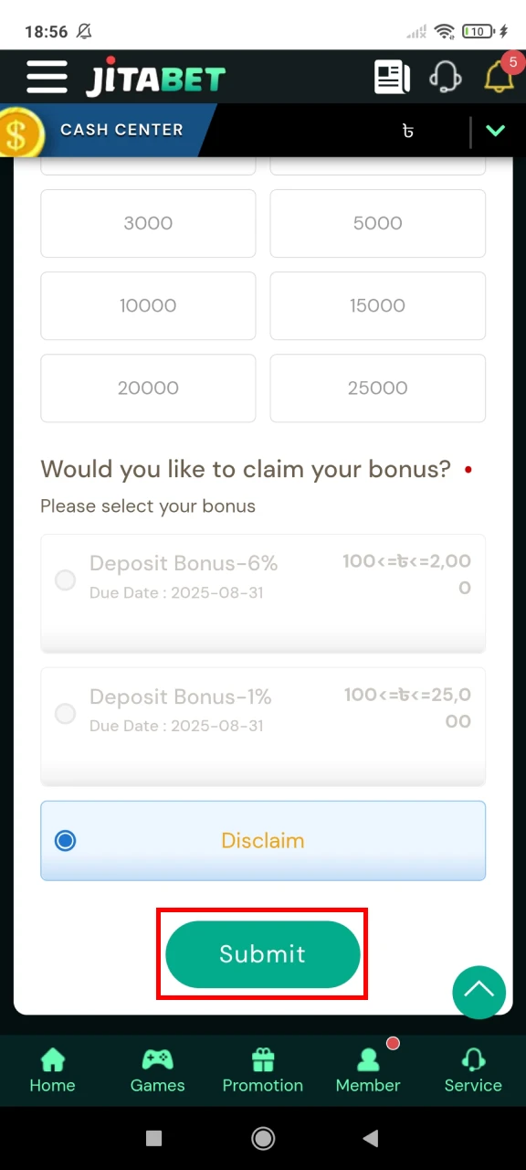 Complete the transaction on Jitabet.