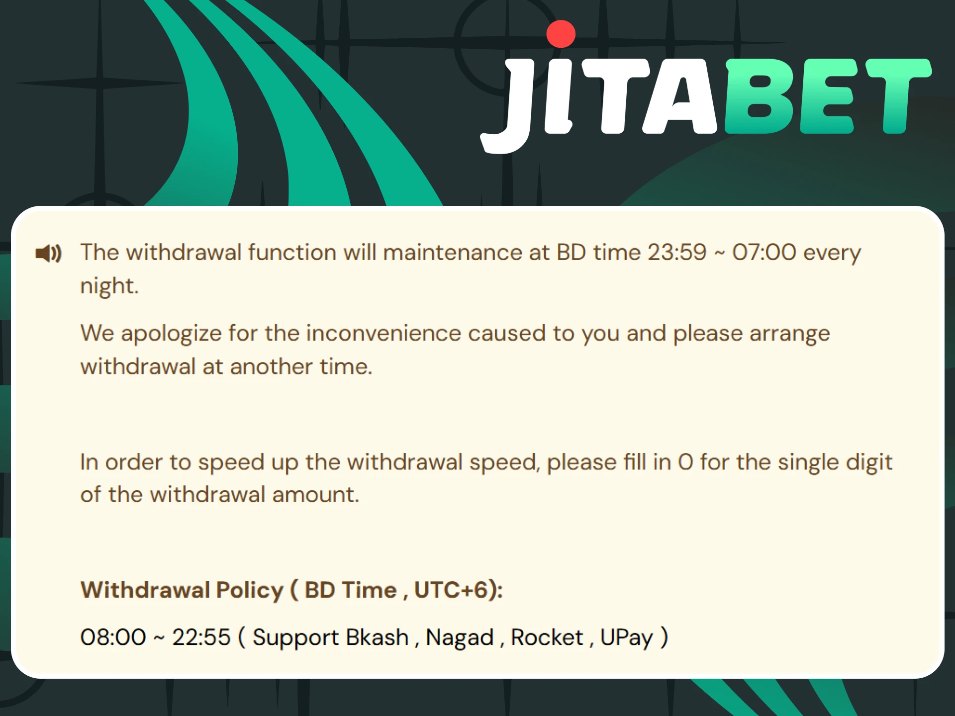 Jitabet withdrawals may take some time to complete.