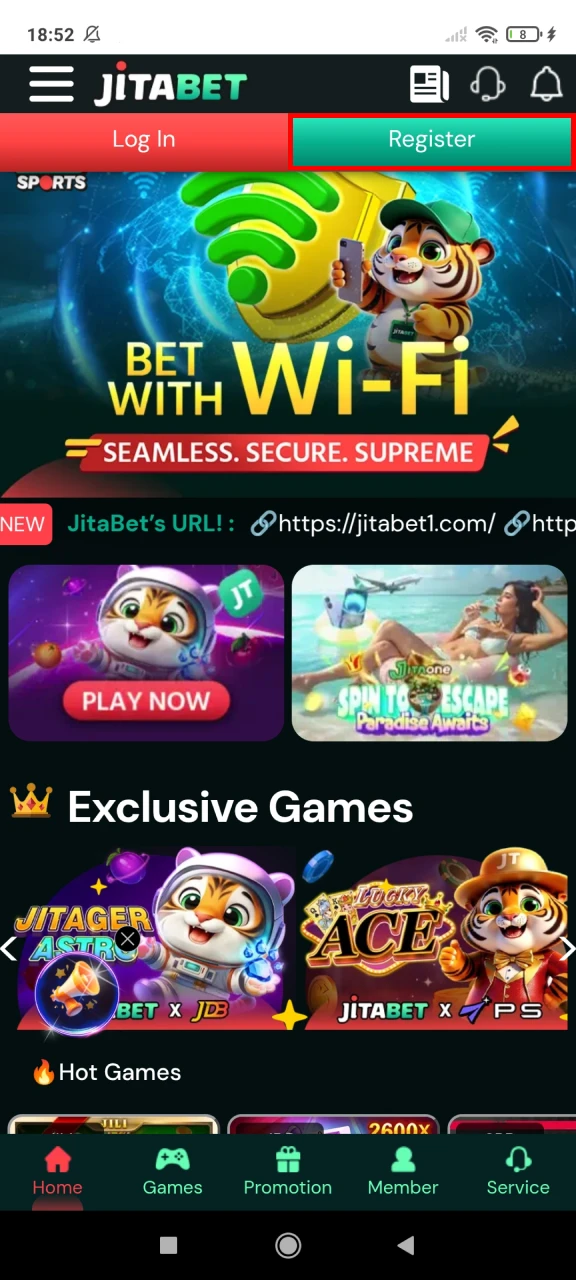 Open the registration window on Jitabet.