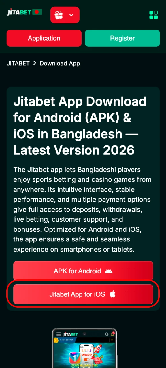 Install the Jitabet online casino app on your iOS phone