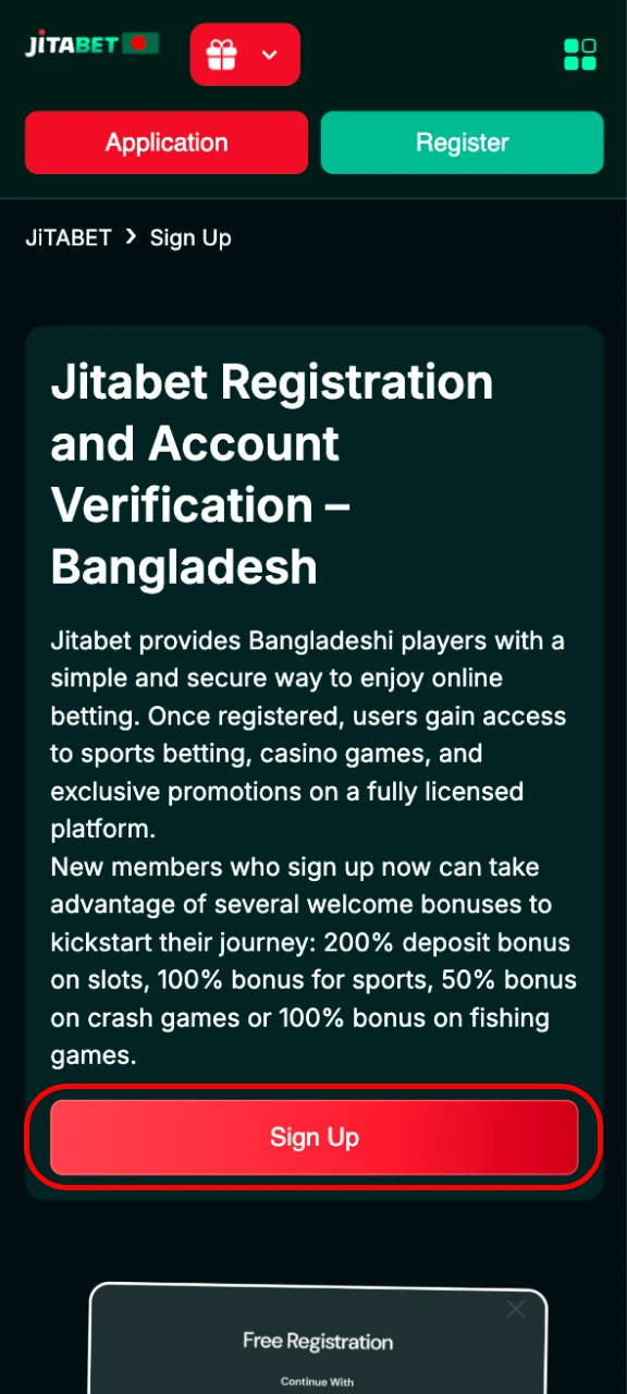 Open the registration window on Jitabet.