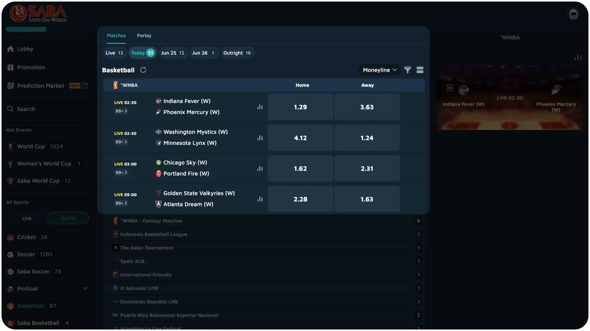 Browse the dynamic wagering menu to choose a league and competition at Jitabet basketball.
