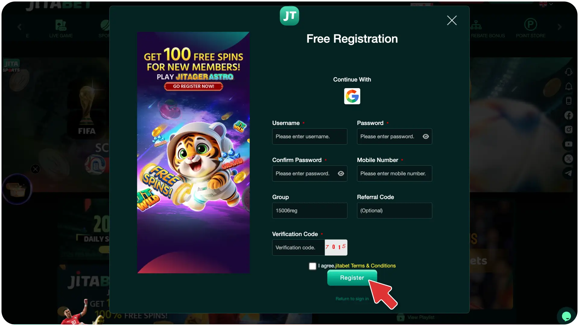 Fill out the official sign-up form to create an account at Jitabet basketball.
