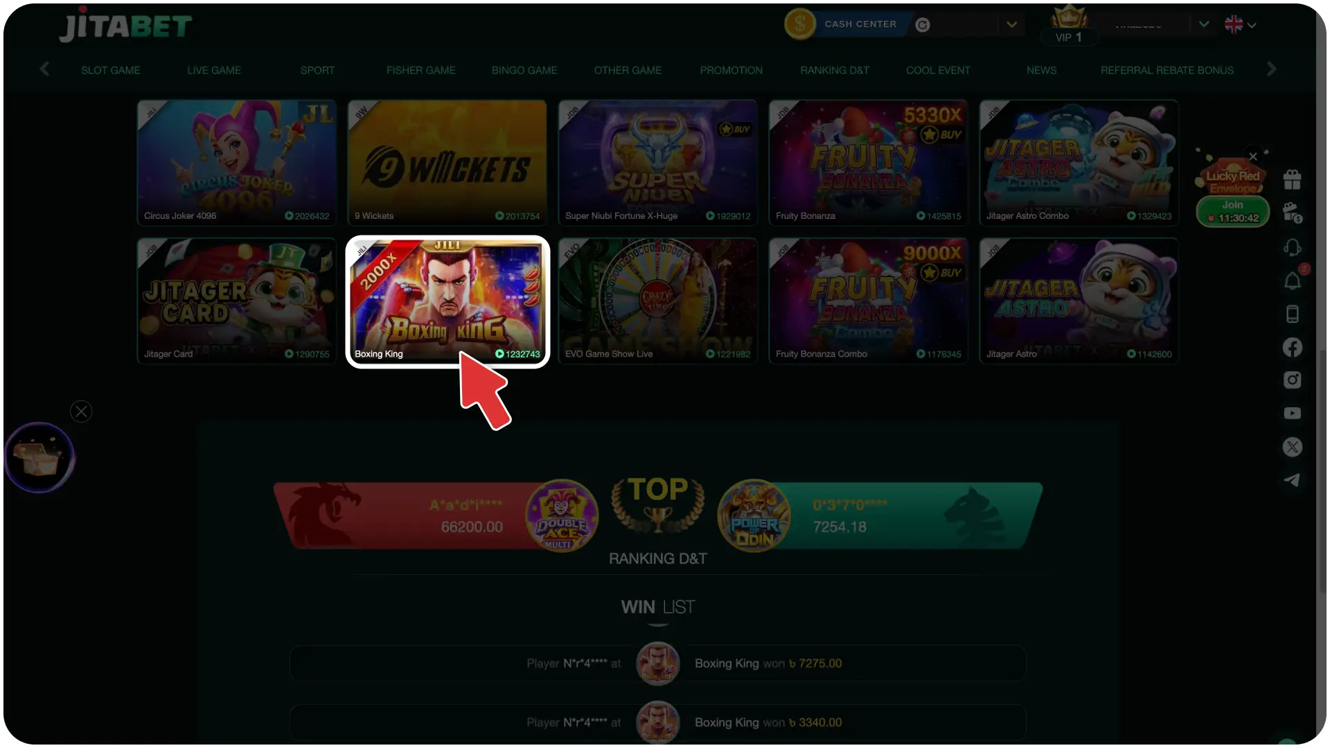Open the virtual games library to launch Boxing King instantly on Jitabet boxing.