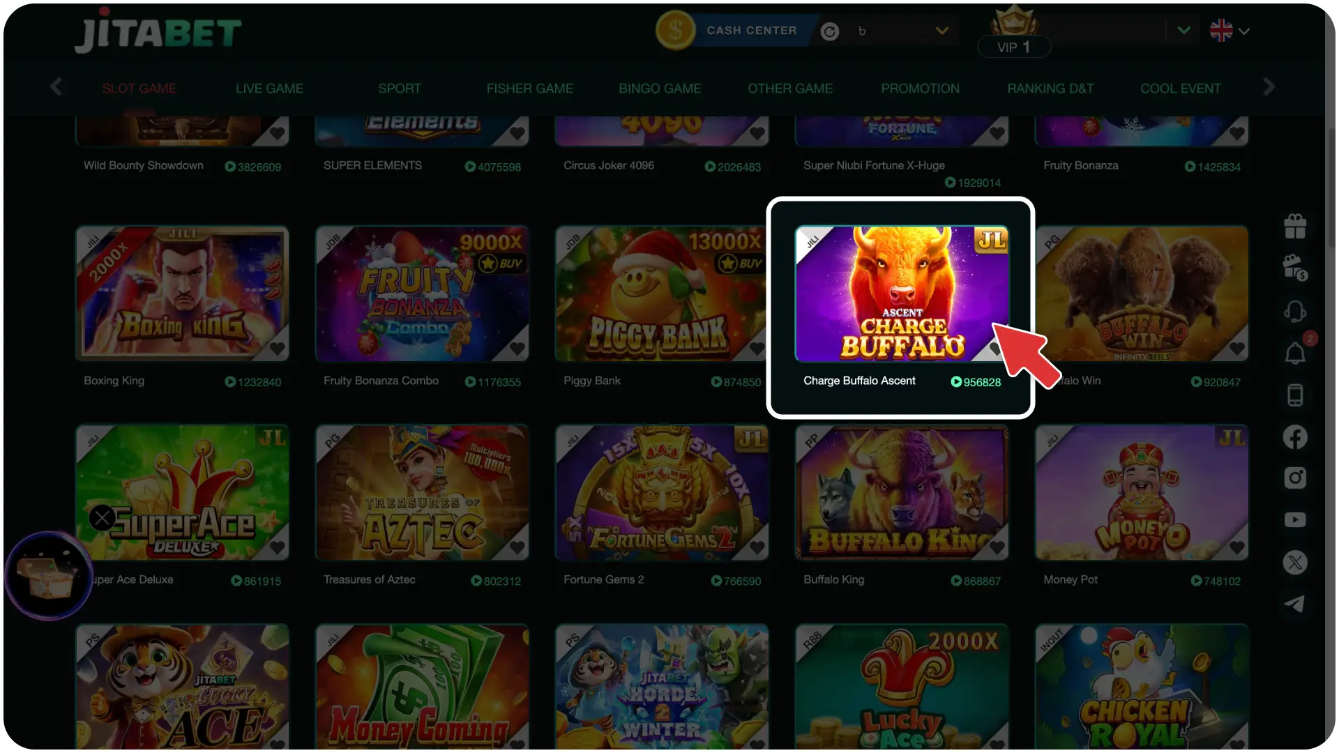 Open the virtual games library to launch Charge Buffalo Ascent instantly on Jitabet.