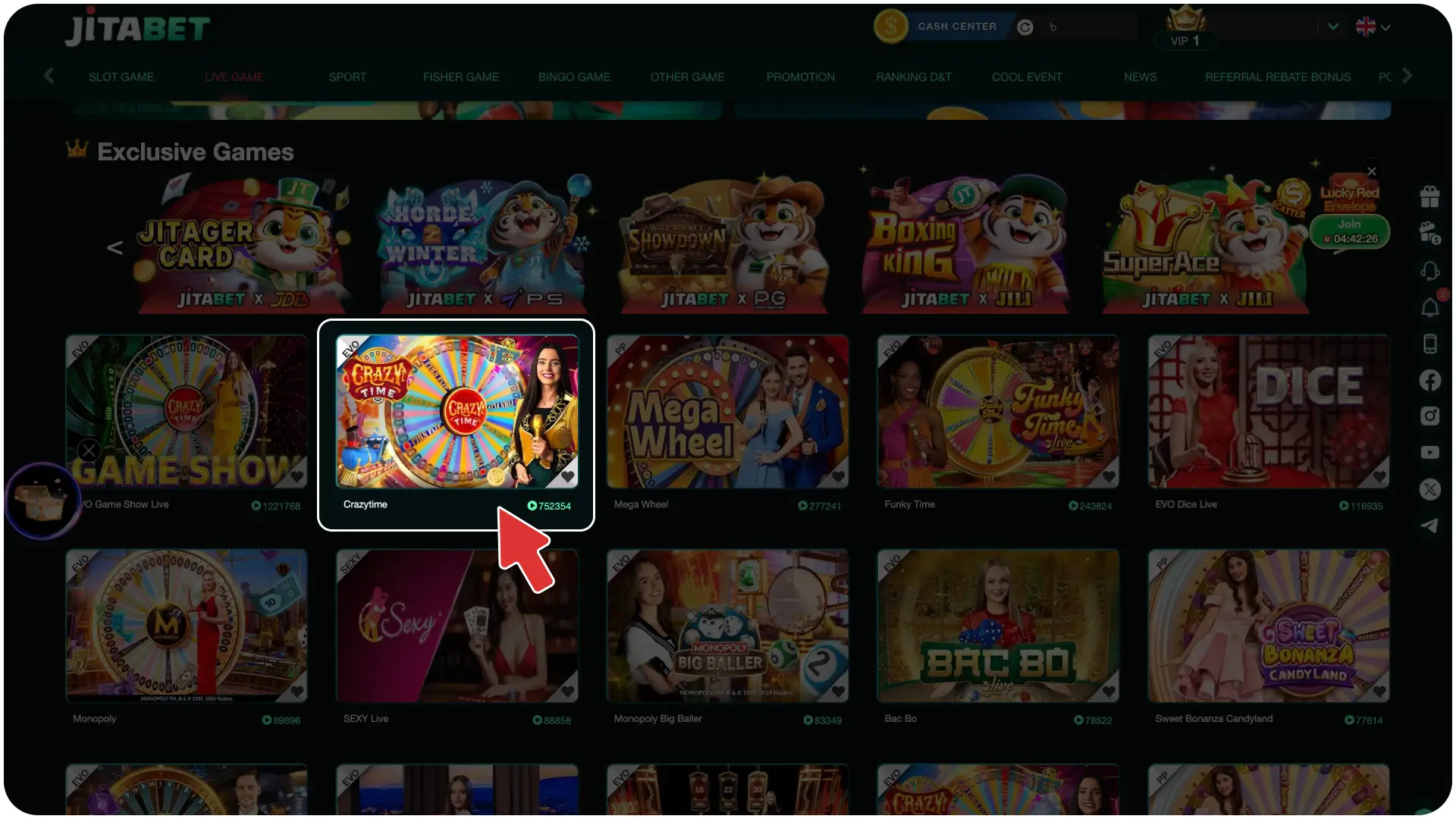 Open the live dealer lobby to launch the game in the casino section on Jitabet Crazy Time.