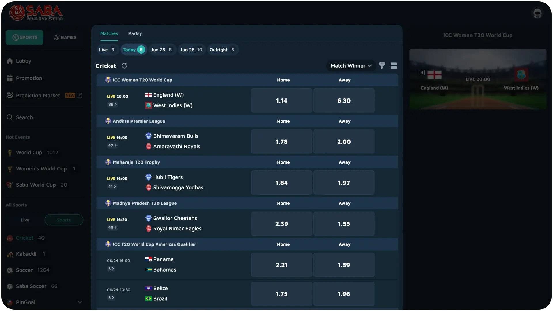 Browse the competitive sportsbook menu to choose a league or match at Jitabet cricket.