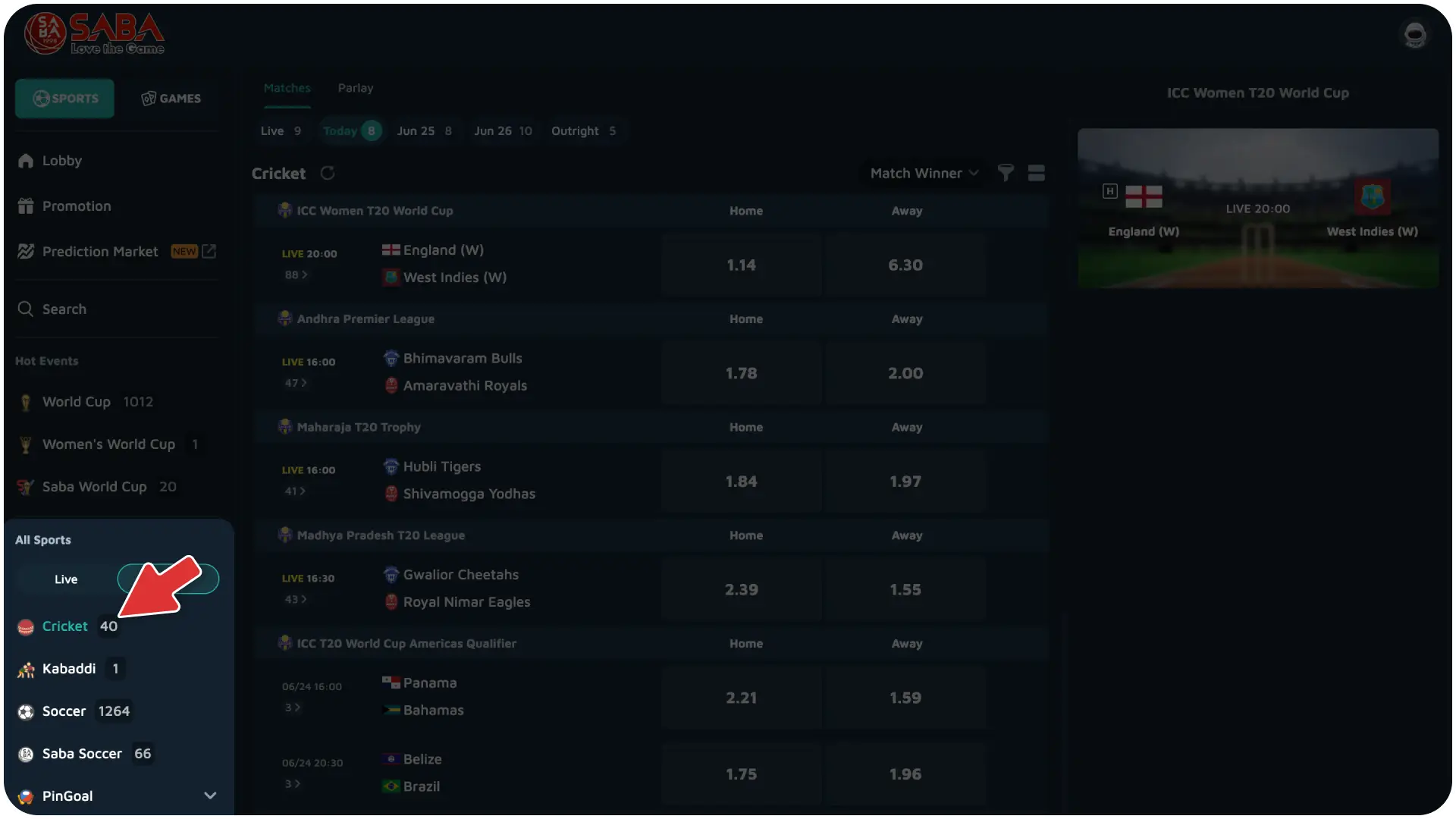Open the primary gambling dashboard to navigate to the sports section on Jitabet cricket.