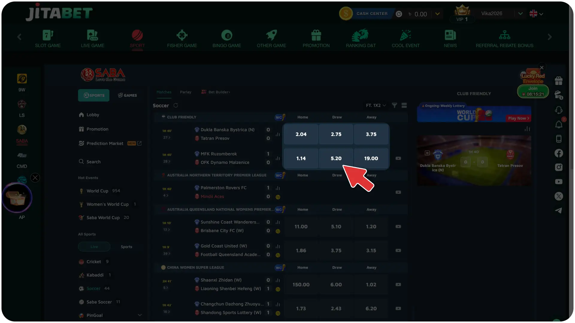 Choose your desired odds and set your stake to place your bet on Jitabet Football.