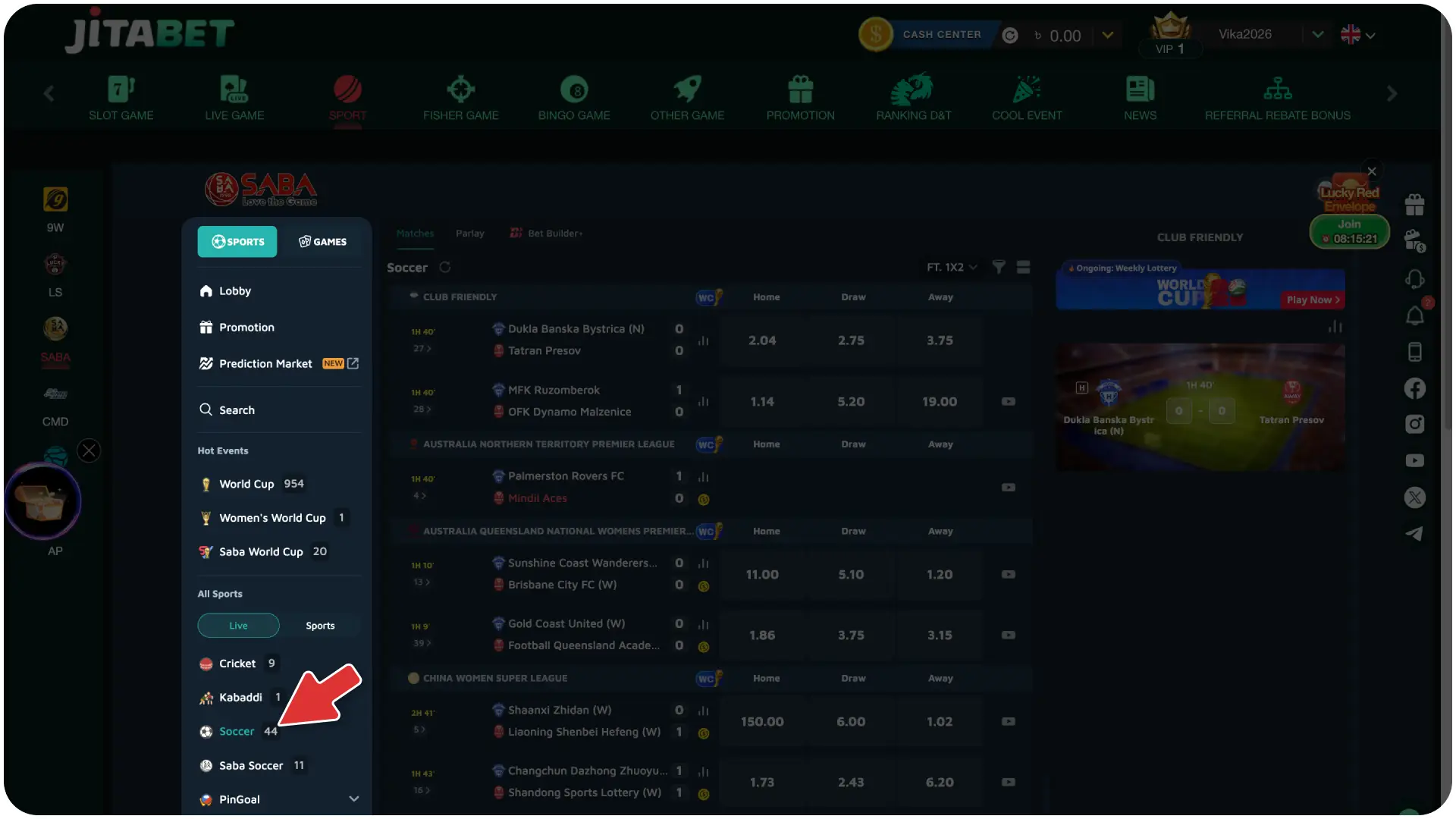 Navigate across the main dashboard to go to the sports section on Jitabet Football.