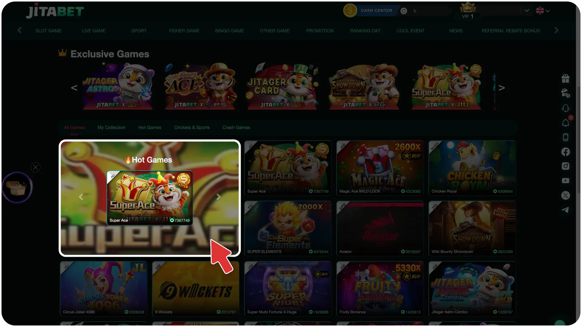 Open the virtual slot directory to launch Super Ace in the casino section on Jitabet.
