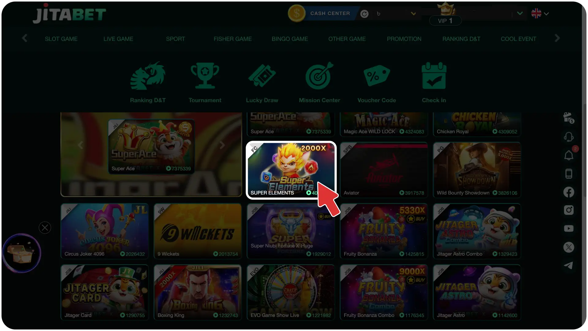 Open the interactive video slots catalog to launch Super Elements on the Jitabet platform.